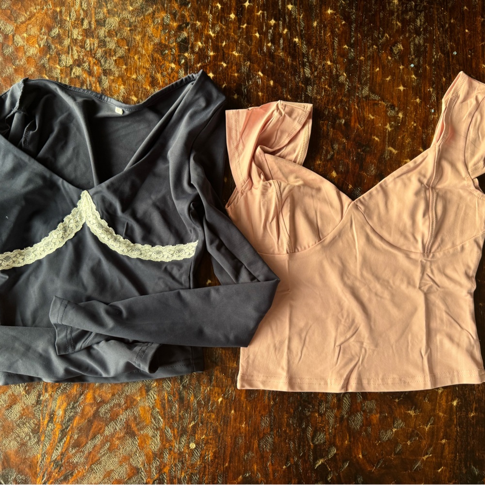 Black and Pink Long Sleeve Tops with Lace Detail